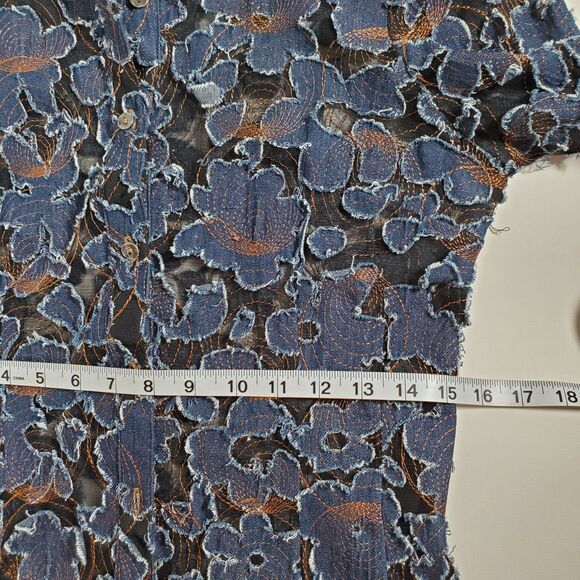 Mishca Women's Shirt Small Blue Denim Distressed Applique on Mesh Embroidered - Picture 9 of 12